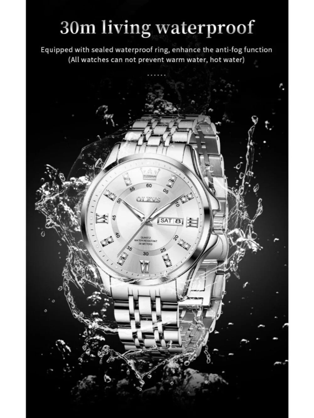 Men's Silver Diamond Stainless Steel Waterproof Luminous Analog Luxury Watch